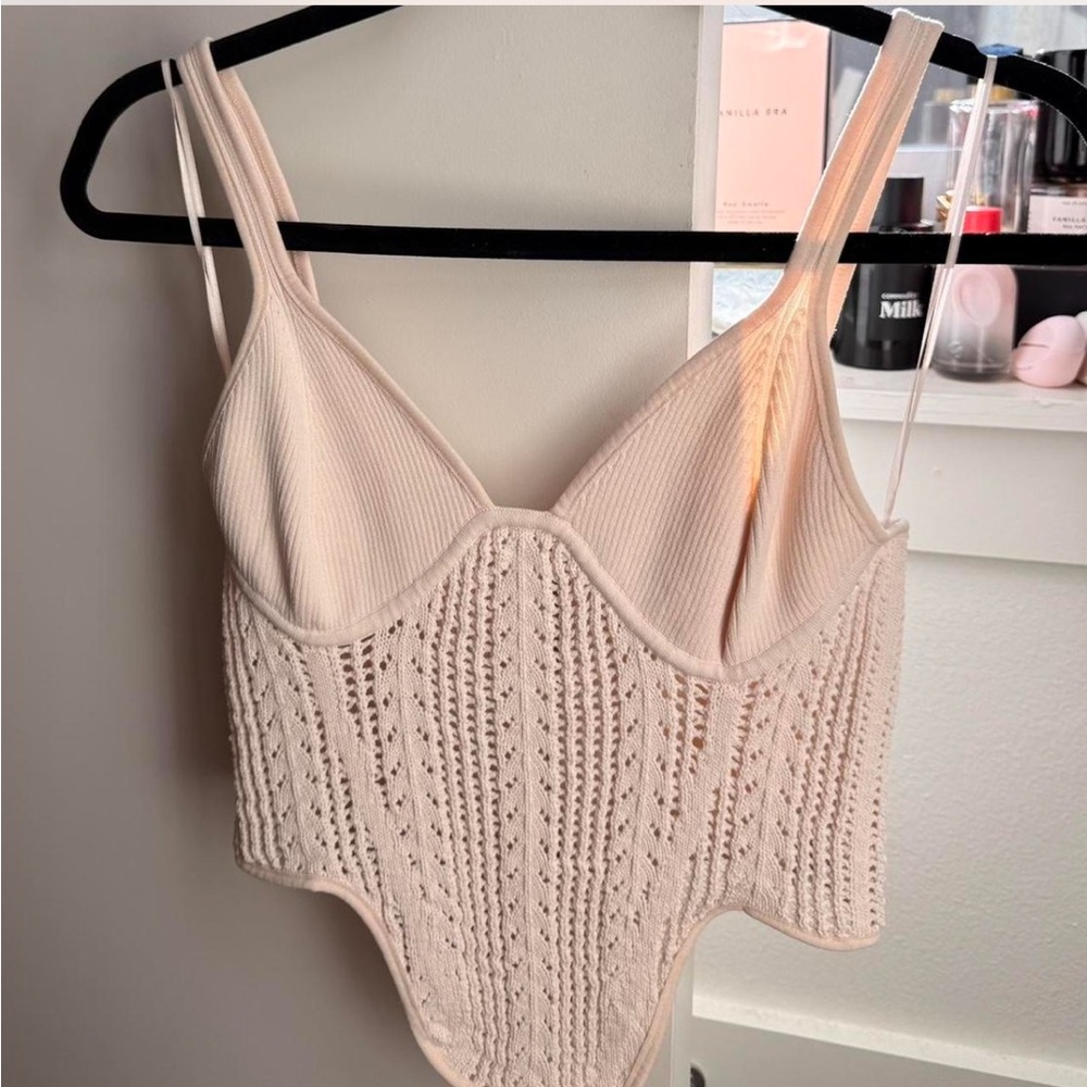 Garage Cream Ribbed and Crochet Bodysuit